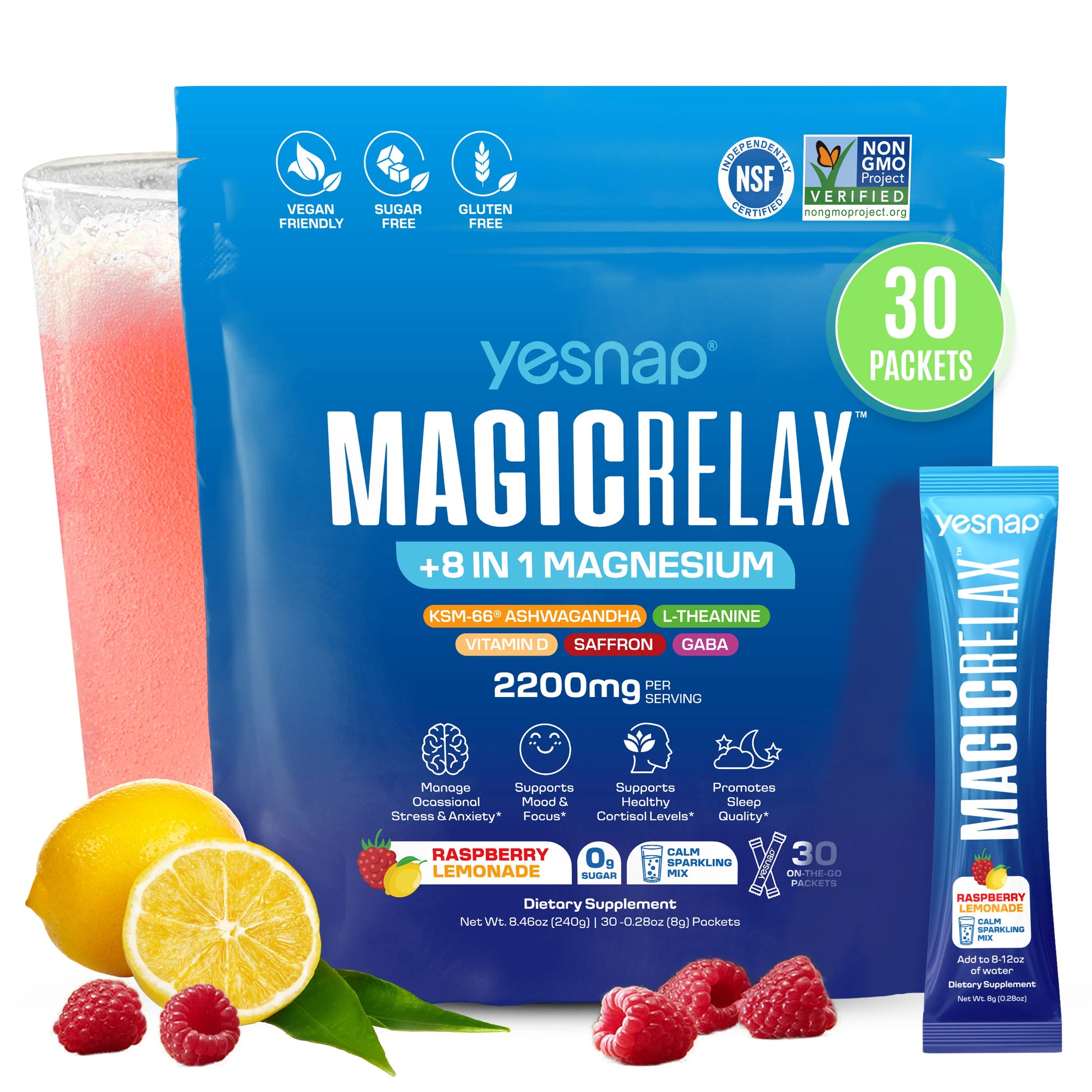 Yesnap MAGICRELAX Calming Sparking Mix with 8-In-1 Magnesium KSM-66 Ashwagandha Saffron Vitamin D3 GABA L-Theanine Supports Cortisol Balance Mood Sleep 30 Servings No Sugar Non GMO Raspberry Lemonade Flavor