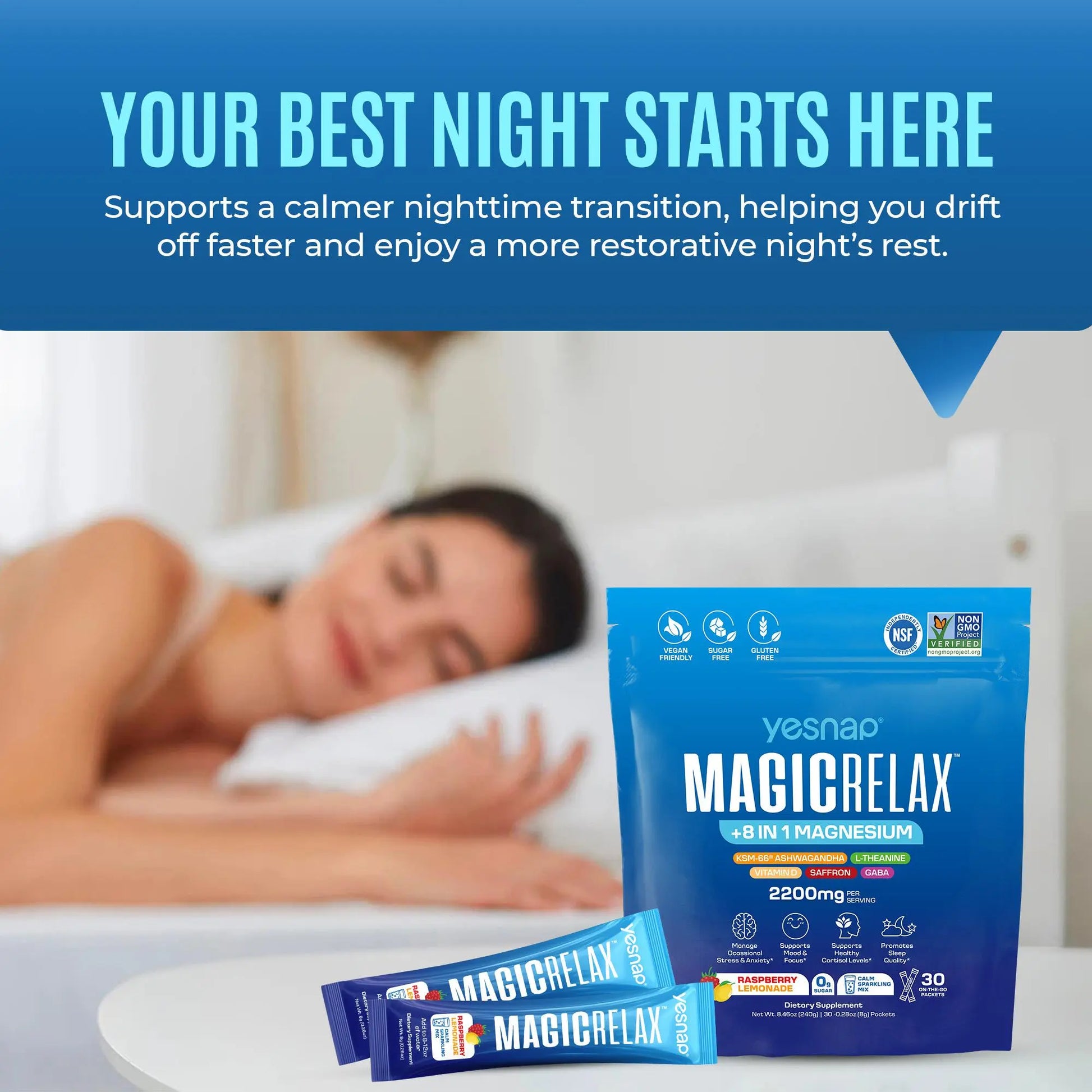 Yesnap MAGICRELAX Calming Sparking Mix with 8-In-1 Magnesium KSM-66 Ashwagandha Saffron Vitamin D3 GABA L-Theanine Supports Cortisol Balance Mood Sleep 30 Servings No Sugar Non GMO Raspberry Lemonade Flavor